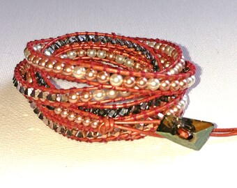 Rose-gold Swarovski Crystal, Chan Luu style leather wrap bracelet