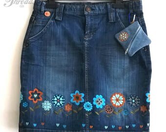 Blue jean skirt, denim skirt, upcycled clothing, embroidered skirt UK size 12, festival clothing + purse FREE GIFT