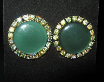 Coro Green Earrings, Circle Of Faux Crystals, Two Missing Stones, Clip Earrings, Gold Tone Metal Setting, 1 1/8 Inch Diameter