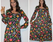 ON SALE SALE // Vintage 60s Festival Maxi Dress / Psychedelic, Hippie, Groovy, Boho / Neon Floral Print / Bishop Sleeves / Medium