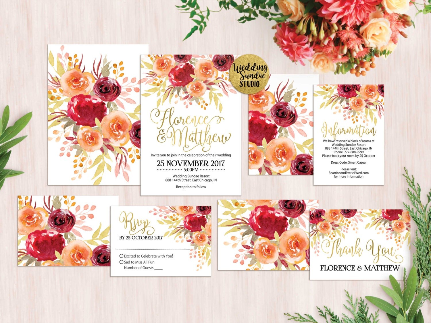 Printed Card Digital Printable Files Red Orange Gold