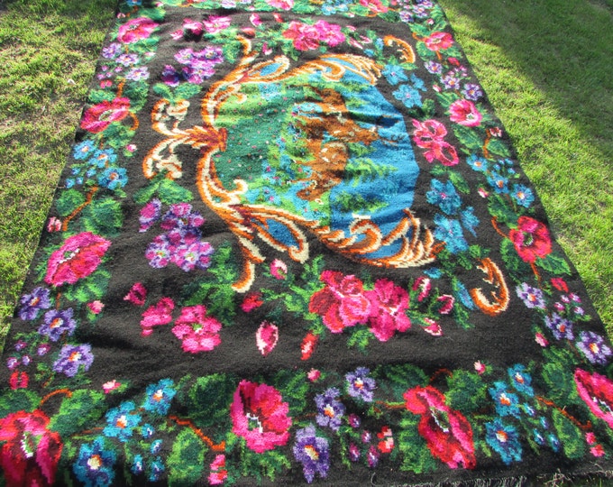 Moldovan Kilim, Floor Rugs - Vintage handwoven wool rug carpet - Romania Kilim Bessarabian Kilim. Vintage Kilim, Handmade , rose kilim rug.