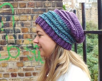 chunky beanie, slouchy hat, crochet hat, knitted hat, ripple beanie, rasta hat, purple and green, unisex, winter hat, hipster beanie, gift