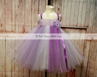 Purple, lavender and white flower girl dress empire style tea length dance pageant dress with satin ribbon strap tie and accessory flowers