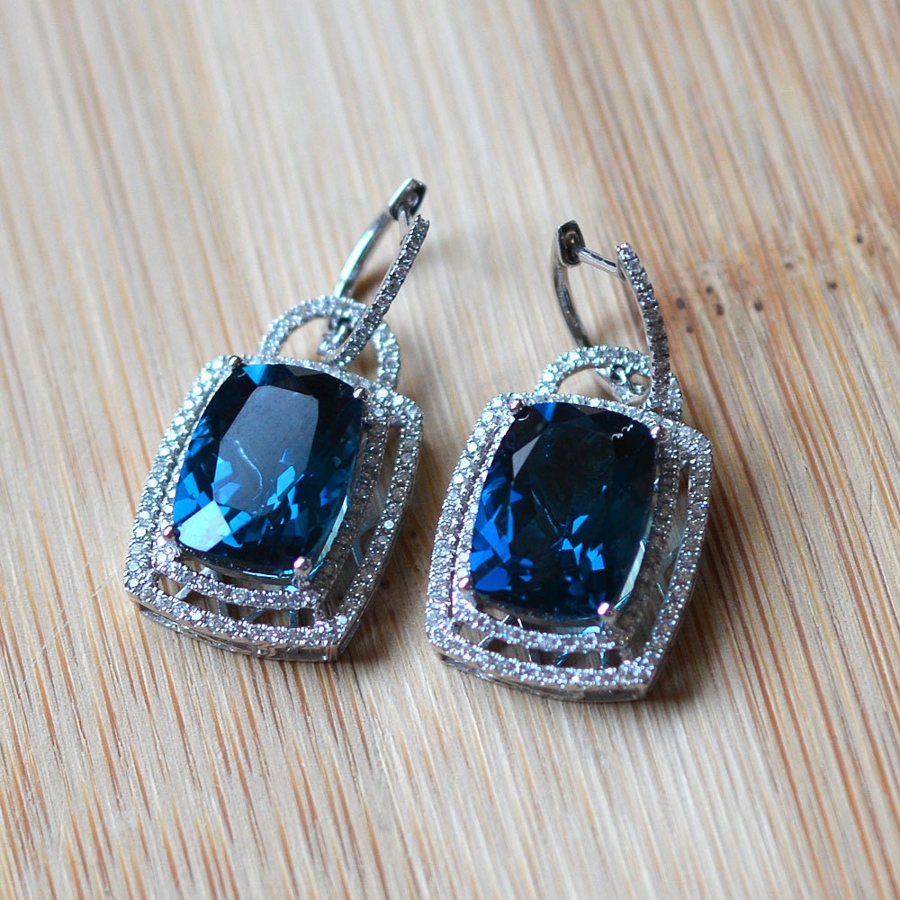 17.11 Carat London Blue Topaz Earrings Diamond and Topaz