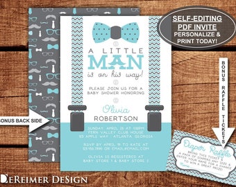 Little Man Baby Shower Invitation, Bow Tie, Aqua, Baby Blue, Teal, Gray, Chevron, Self-Editing PDF Invite, BONUS Diaper Raffle Tickets