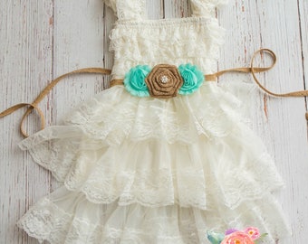 lace flower girl dress-rustic flower girl dress- lace girls dress- lace baby dress- Burlap wedding dress- country flower girl- girls dress