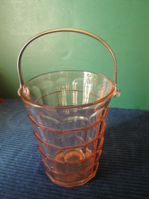 Antique Pink Depression Glass Ice Bucket With Metal Handle