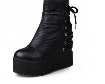 Free shipping! Nu goth boots, platform 90's boots, vaporwave, Comfort Wedge Shoes Lace Up Zippper Platform, CYBERPUNK BOOTS, 90'S GOTH