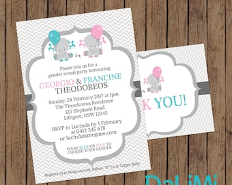 Gender Reveal Baby Shower Invitation - Pink and Blue Invitation - Elephant Shower Invitation - Gender Reveal Party - Elephants