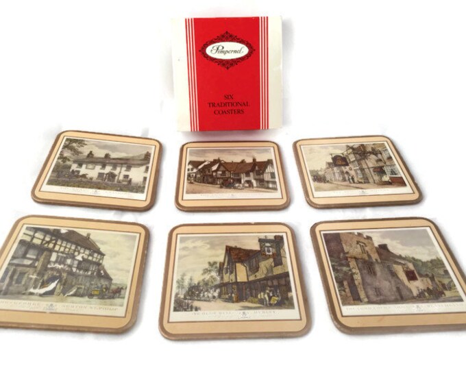 Vintage Pimpernel "Old English Inns" Acrylic Coaster Set of 6,