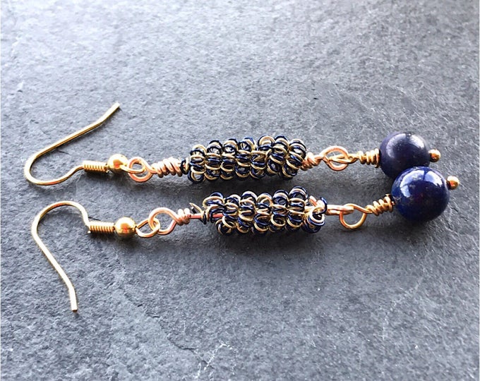 Blue yellow earrings, blue earrings, blue yellow earrings, dark blue jewelry, blue coil earrings, yeloww coil earrings