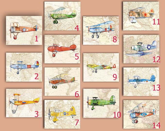 Airplane decor nursery ANY Set 8x10 prints YOUR choice Popeller military airplane Retro aviation Boys nursery wall aviation theme art