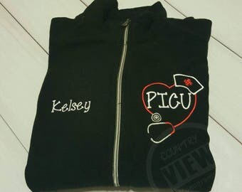 VEST-PICU stethoscope with Nurse Hat Fleece jacket--Custom made-RN Lpn zipup light weight fleece jacket with several colors-JackandJill