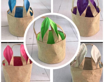 Wholesale Burlap Easter Basket, Satin Bunny Ears. Easter Egg Hunt Pale. Blank Easter Baskets. Great for crafting and resell. ON SALE