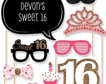 Sweet 16 Birthday Party Photo Booth Props - Photobooth Kit with Custom Talk Bubble - Photo Booth Accessories - 20 Photo Props and Dowels