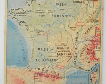 Old map double-face - France physical map - poster school school of the 1960s MDI