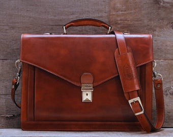 Ponza Leather Briefcase, Laptop Bag, Men's Leather Briefcase, Handbag, Messenger, Floto Leather Bag (2006BROWN)