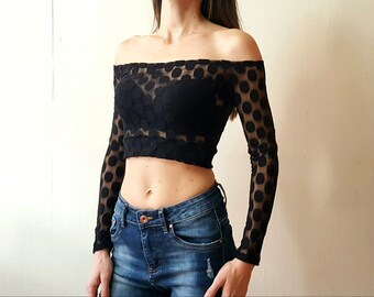 MESH CROP TOP Sexy Black Top Goth Off The Shoulder Top Tops Black Mesh Goth Crop Top Off The Shoulder Festival Black Top