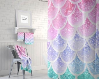 Pastel Mermaid Scales Shower Curtain Optional Bath, Bath Towels Mat Bathroom Set