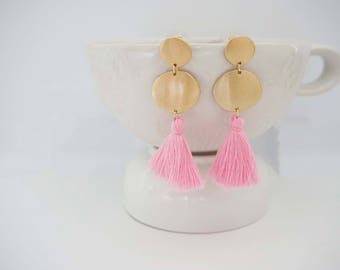 Pink Tassel and Gold Circle Post Earrings
