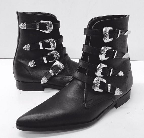 4 Strap Cowboy Buckle Winklepicker Boots in Black Leather