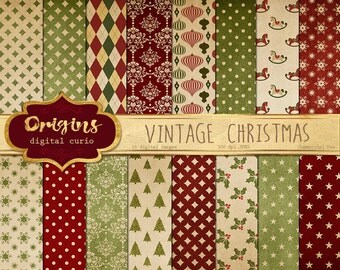 Vintage Christmas Digital Paper - 16 Pack Premium Digital Paper Christmas Holiday Patterns, Red and Green Scrapbook Paper Backgrounds