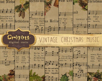 Vintage Christmas Sheet Music Digital Paper, Scrapbook Paper, Decoupage, Printable Christmas Carols