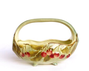 Ceramic basket old barbotine decoration cherry - Bowl to anse earthenware vintage french decor table empty Compote Pocket