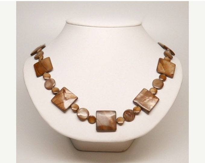 Storewide 25% Off SALE Vintage Designer Necklace Featuring Alternating Round & Square Mocha Colored Mother of Pearl Stones With Sterling Sil