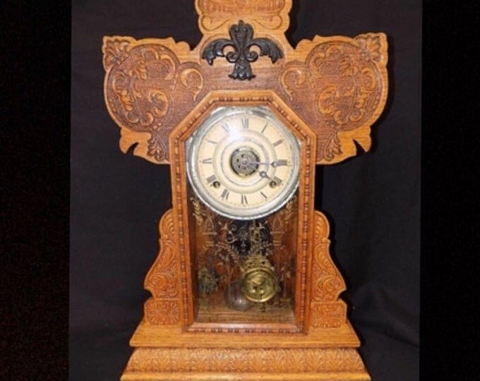 Storewide 25% Off SALE Antique Eilas Ingraham Co. 19th Century Diana Gingerbread Mantle Clock Featuring Original Alarm Option & Original Win