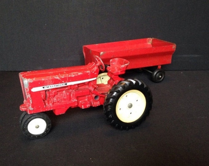 Storewide 25% Off SALE Vintage ERTC Company Cast Red Metal International Farm Tractor & Hitched Grain Trailer Featuring Working Steering Col
