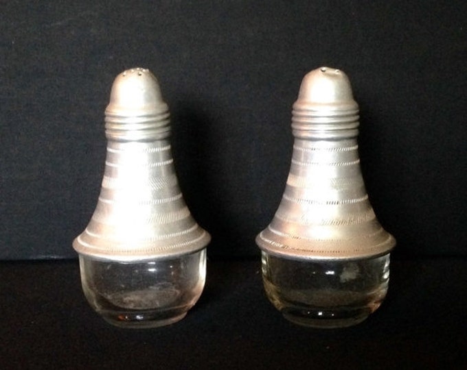 Storewide 25% Off SALE Vintage Collectable Mid Century Aluminum Topped Matching Salt & Pepper Shakers Featuring Clear Glass Bases With Moder