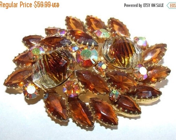 Storewide 25% Off SALE Beautiful Vintage Designer Aurora Borealis Faceted Oversized Floral Brooch Featuring Deep Rich Amber Brown Raised Sto