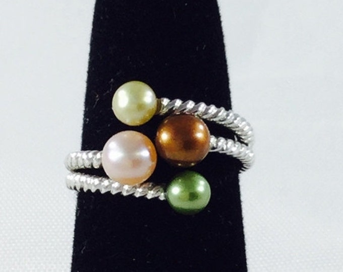 Storewide 25% Off SALE Vintage Sterling Silver Multi Colored Designer Faux Pearl Cocktail Ring Featuring Twisted Band Design