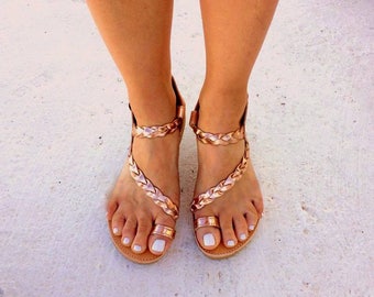 gold pink sandals greek handmade flat sandals strappy sandals wedding sandals gladietor sandals handmade braided toe ring sandals
