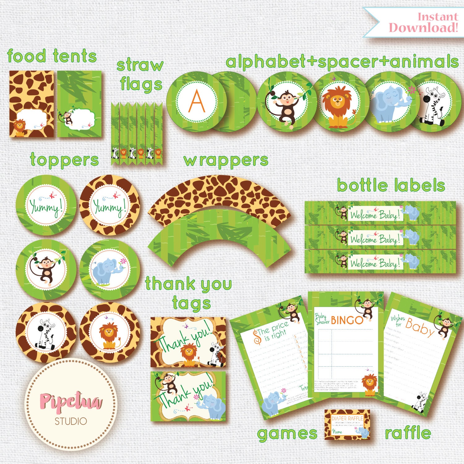 ON SALE Babyshower Jungle Safari Party Package. Instant