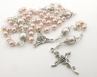 Catholic Rosary Beads - Handmade Soft Pink Glass Pearls Five Decade Rosary - First Communion Gift - Baptism Gift - Catholic Gift