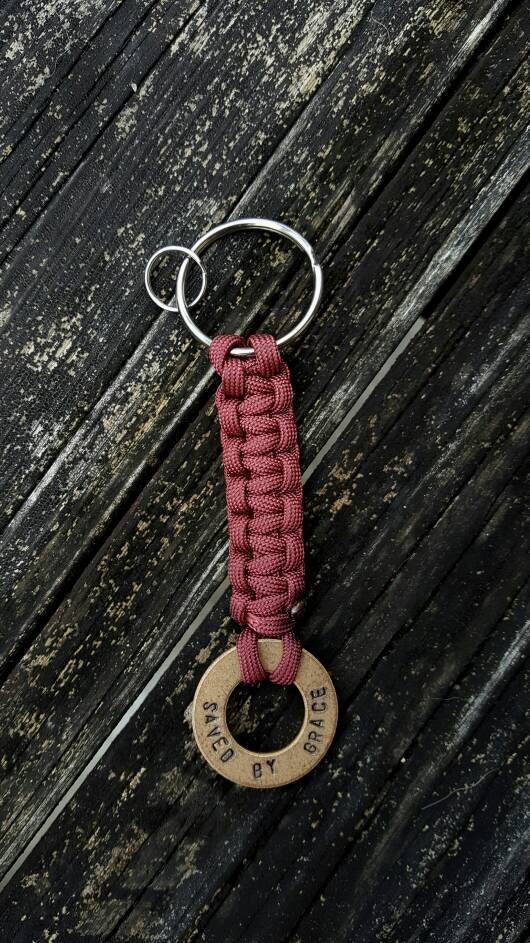 Stamped Bronze Washer Keychain Saved by Grace