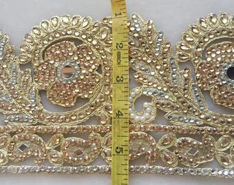 Gold Indian trim saree border by the yard / Stone work wide Bridal trim