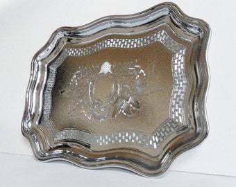 Rectangular Metal Tray Ornate Chromium Plate Drinks Snacks Canape Metallic Platter Plate Vintage Ornate Decorative