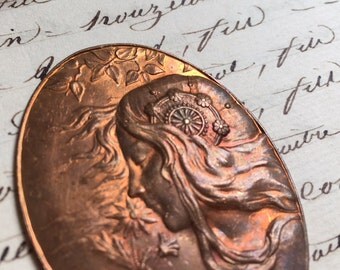 French art nouveau antique copper Mucha female profile stampings by Parisian atelier Framex, vintage jewellery supplies, costume craft