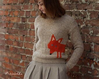 Wool sweater with fox, Women's wool fall sweater, hand knitted wool sweater, jumper handknit, cute warm winter woolen sweater animal