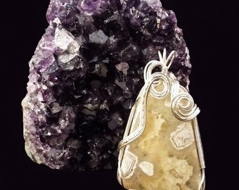 Cream and Light Gray Crazy Lace Agate Sterling Silver Wire-Wrapped Pendant with chain included - item #999