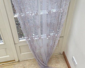 FERN Beautiful silver grey sheer lace curtain panel from Scandinavia with velvet ties and scalloped edges (also available in ivory cream).