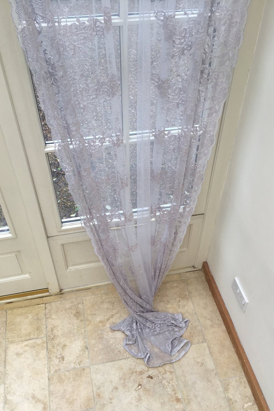 FERN Beautiful silver grey sheer lace curtain panel from