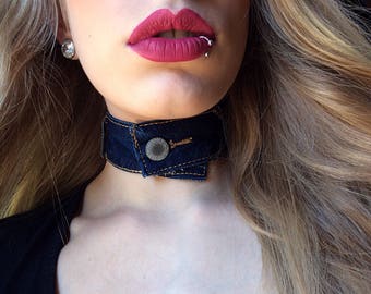 Blue jean necklace, upcycled jewelry, denim choker, blue denim necklace, distressed denim choker, teen girls choker, celebrity chokers