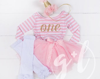 First Birthday outfit girls, First Birthday Dress, First Birthday Set, Pink gold toddlers Long Sleeve Dress, Long Sleeve outfit, party hat
