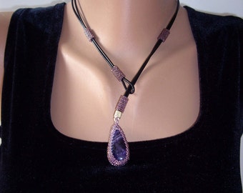 Lariat necklace Leather necklace Amethyst necklace Leather lariat Embroidered stones Original amethyst necklace February birthstone Purple