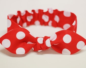 Red Polkadot Baby Headband, baby girl headband, baby bow headband, knot headband, "Minnie", newborn, infant, toddler, girl, Rosie Riveter